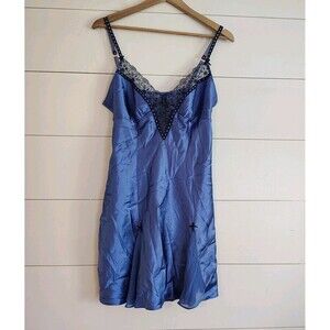 Navy Blue Satin Slip Dress Lace Trim Babydoll Nightie Fairycore Coquette M